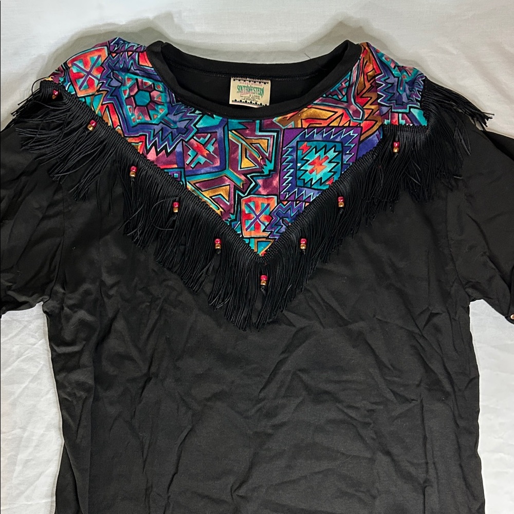 Vintage Black Fringe Top with Colorful Geometric Pattern